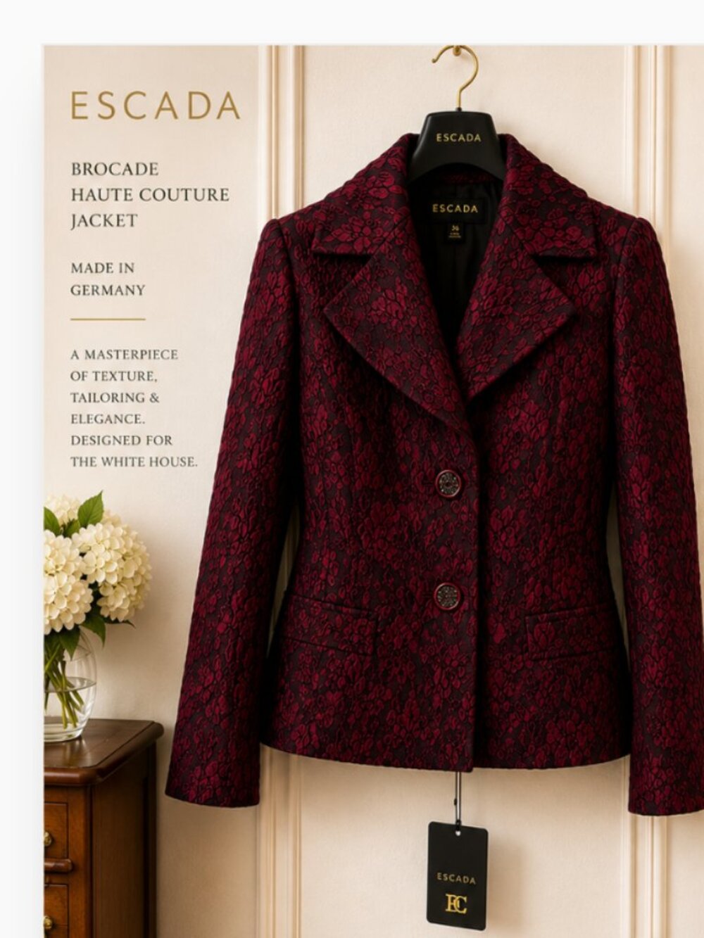 ESCADA Marsala Brocade Couture Jacket Swarovski Crystal Buttons NWT EU 32